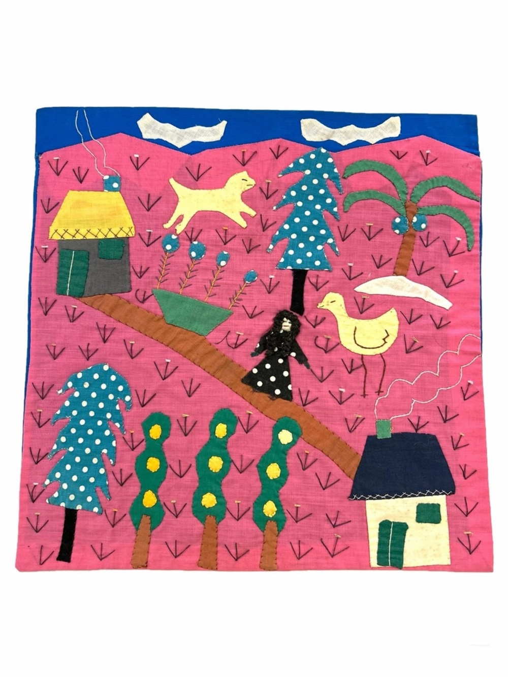 Arpillera Handcrafted Hand Sewn Handmade Embroidered Appliqué Wallhanging pink